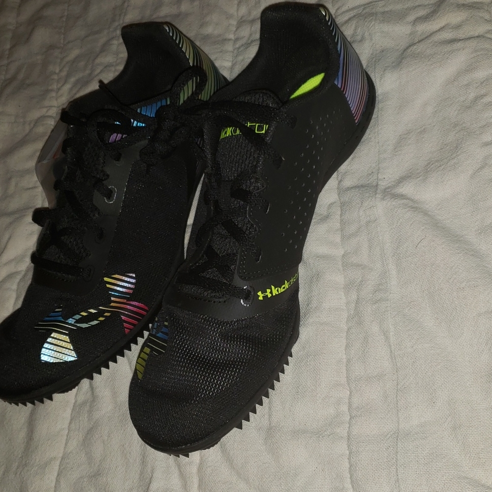 NWT Underarmer women's black and multi color neon track running shoes.